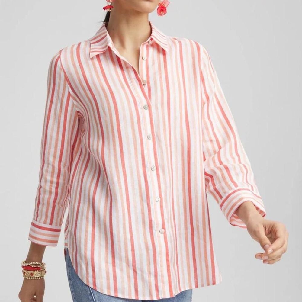 Chico's orange and white striped button up shirt Coastal 100% Linen minimalist
